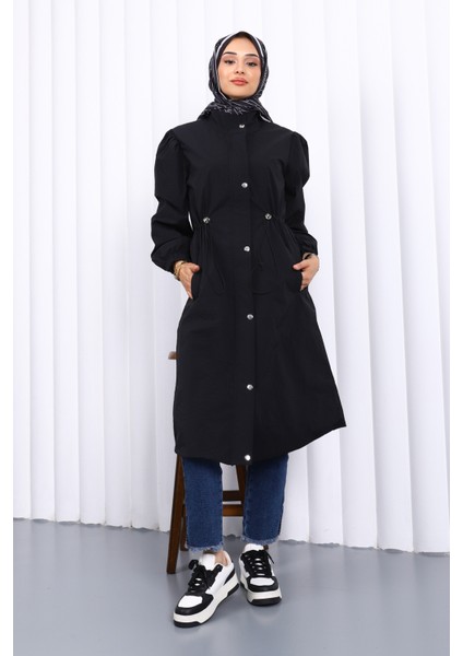 Siyah Çıtçıtlı Bel Lastikli Trençkot