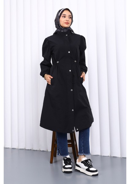 Siyah Çıtçıtlı Bel Lastikli Trençkot fiyatları
