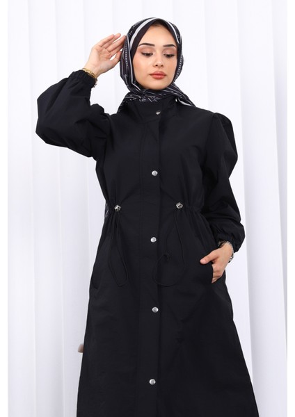 Siyah Çıtçıtlı Bel Lastikli Trençkot modelleri