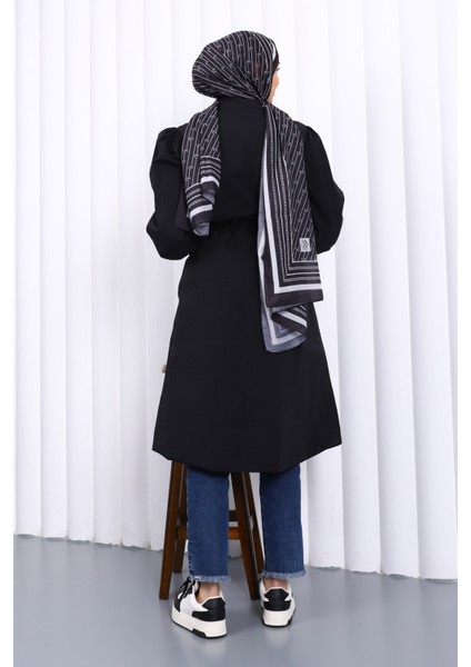 Siyah Çıtçıtlı Bel Lastikli Trençkot fırsatları