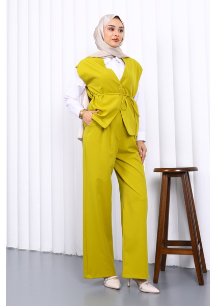 Yağ Yeşili Yelek Pantolon Ikili Takım