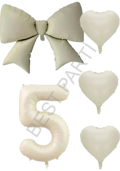 Krem Renk Kalp Fiyonk Rakam Folyo Balon Seti Yaş 5