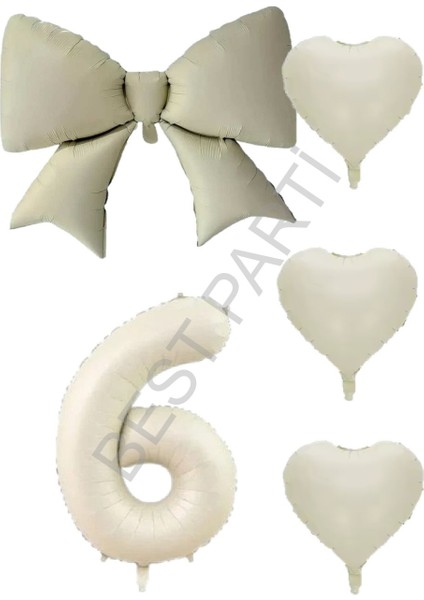 Krem Renk Kalp Fiyonk Rakam Folyo Balon Seti Yaş 6