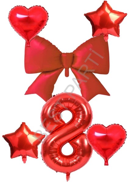 Kırmızı Renk Kalp Yıldız Fiyonk Rakam Folyo Balon Seti Yaş 8