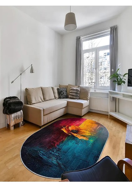 , Makinede Yıkanabilir, Kaymaz Taban, Dijital Baskı, Oval, Çok Renkli, Salon Halısı, Oturma Odası Halısı, Mutfak Halısı