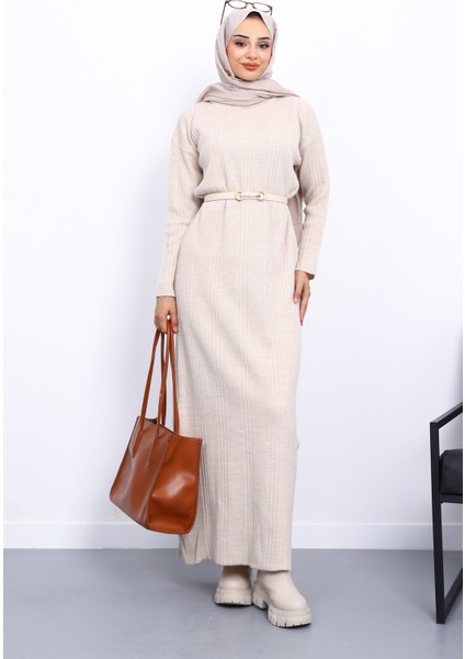 Taş Dik Yaka Fitilli Triko Elbise
