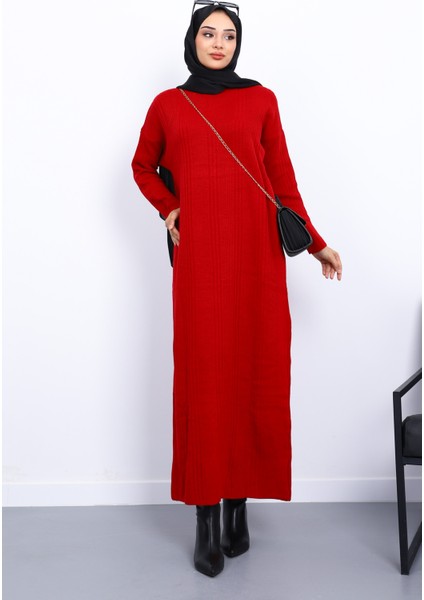 Kırmızı Dik Yaka Fitilli Triko Elbise fiyatları