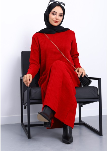 Kırmızı Dik Yaka Fitilli Triko Elbise modelleri