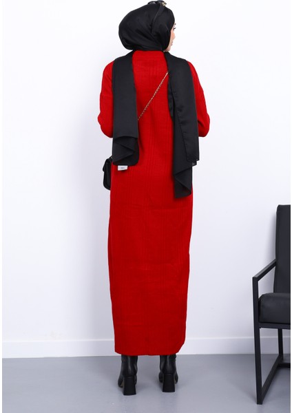 Kırmızı Dik Yaka Fitilli Triko Elbise fırsatları