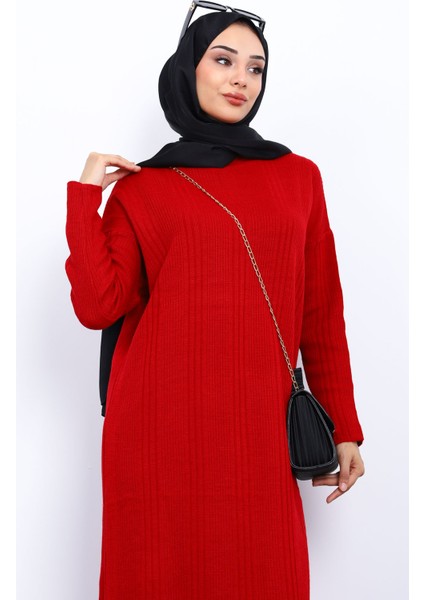 Kırmızı Dik Yaka Fitilli Triko Elbise indirimleri