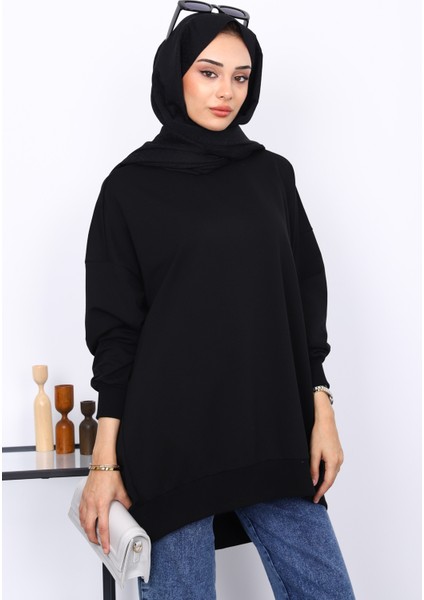 Siyah Önü Kısa Arkası Uzun Oversize Sweatshirt