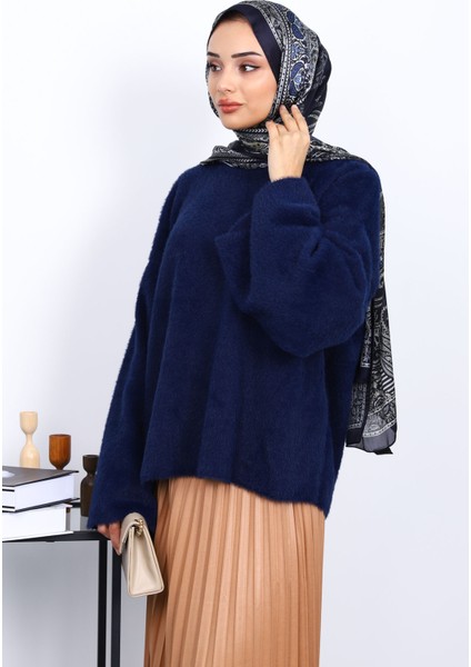 Lacivert Bisiklet Yaka Oversize Angora Yumoş Triko Kazak