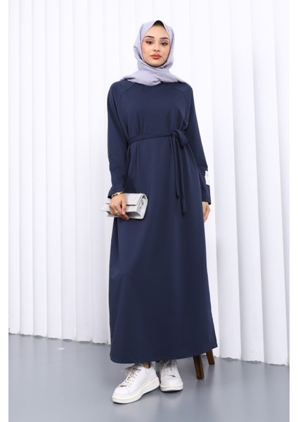 Lacivert Bisiklet Yaka Bel Kuşaklı Elbise