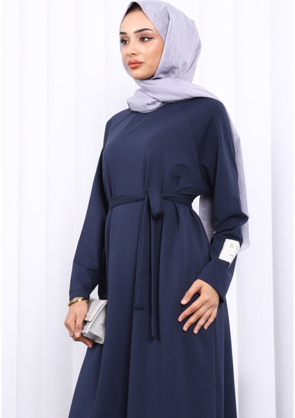 Lacivert Bisiklet Yaka Bel Kuşaklı Elbise modelleri