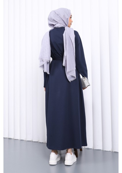 Lacivert Bisiklet Yaka Bel Kuşaklı Elbise fırsatları