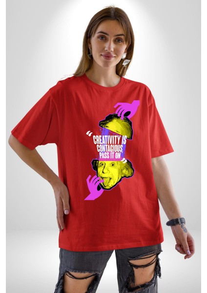 Einstein Retro Dil Çıkarma Devam Ettir Grafik Baskılı Pamuklu Penye Kadın Erkek Kırmızı Tişört indirimleri
