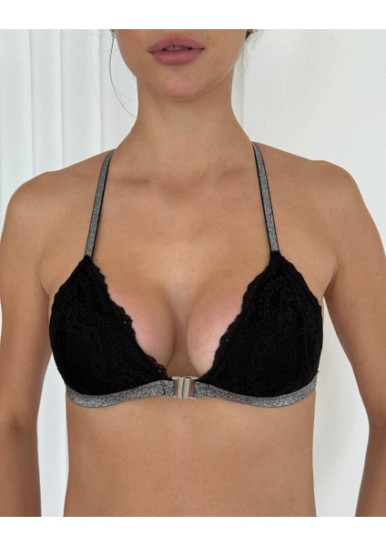Simli Ön Klips Detaylı Dantel Sütyen – Desteksiz 75-90 B Cup