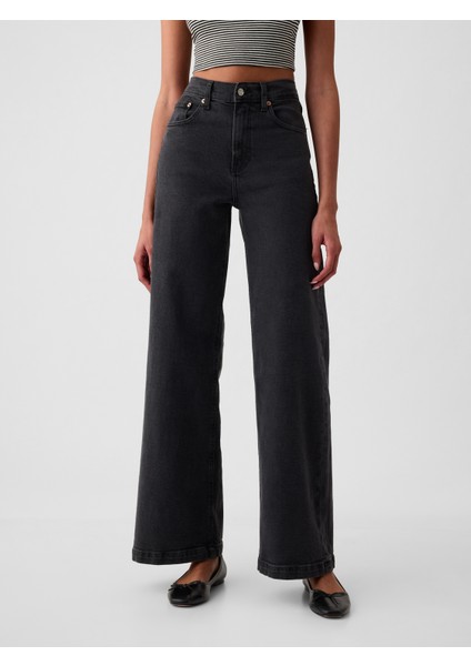 Kadın Siyah High Rise Stride Wide-Leg Jean Pantolon