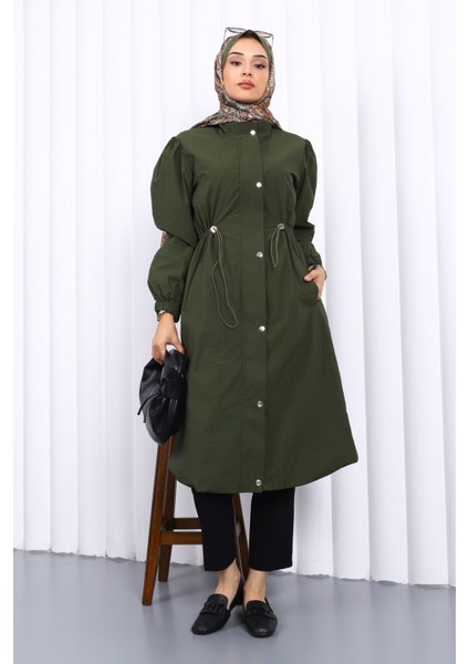 Haki Çıtçıtlı Bel Lastikli Trençkot