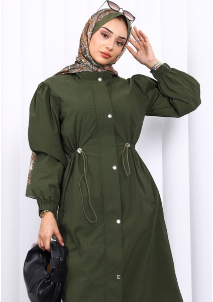 Haki Çıtçıtlı Bel Lastikli Trençkot modelleri