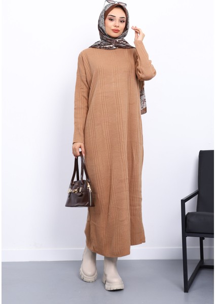 Bisküvi Dik Yaka Fitilli Triko Elbise