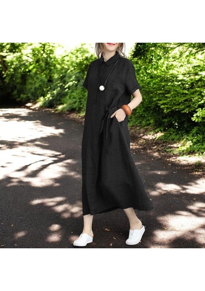 Gömlek Yaka Salaş Keten Kadın Elbise
