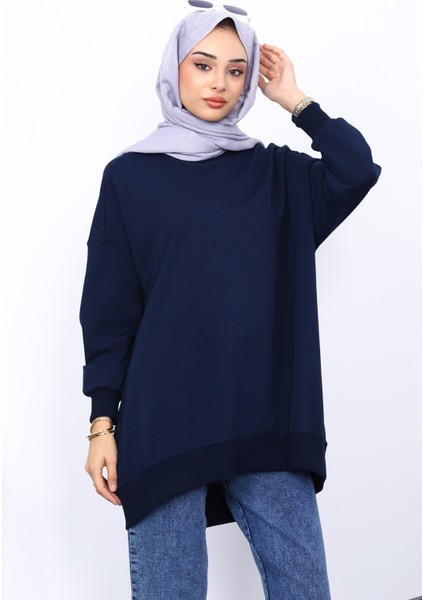 Lacivert Önü Kısa Arkası Uzun Oversize Sweatshirt