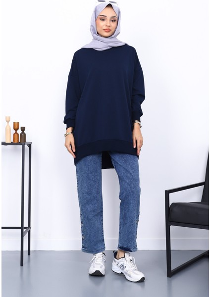 Lacivert Önü Kısa Arkası Uzun Oversize Sweatshirt fiyatları