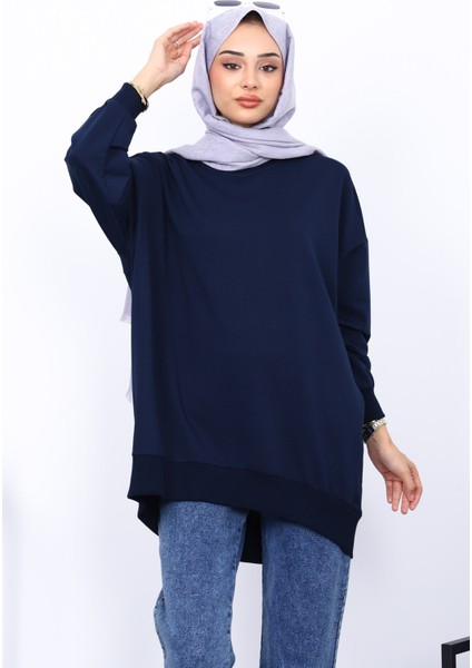 Lacivert Önü Kısa Arkası Uzun Oversize Sweatshirt modelleri
