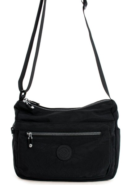 Kadın Çok Cepli Suya Dayanıklı Çapraz ve Omuz Çanta Buruşuk Kumaş Termos Yeri Ayarlanabilir Askı Siyah