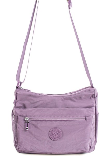 Kadın Çok Cepli Suya Dayanıklı Çapraz ve Omuz Çanta Buruşuk Kumaş Termos Yeri Ayarlanabilir Askı Lila
