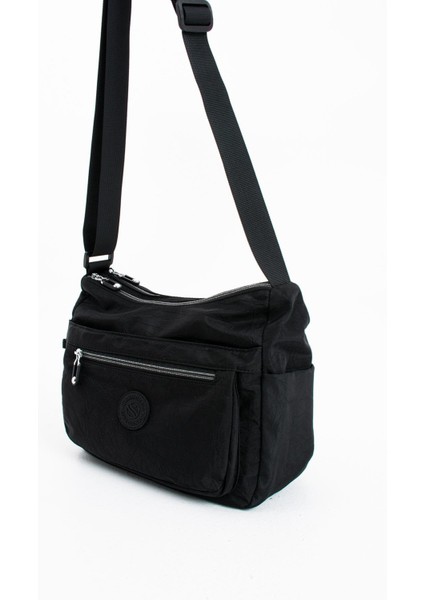 Kadın Çok Cepli Suya Dayanıklı Çapraz ve Omuz Çanta Buruşuk Kumaş Termos Yeri Ayarlanabilir Askı Siyah fiyatları