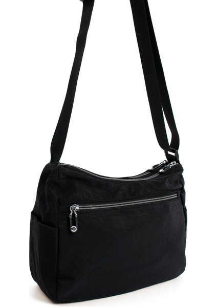 Kadın Çok Cepli Suya Dayanıklı Çapraz ve Omuz Çanta Buruşuk Kumaş Termos Yeri Ayarlanabilir Askı Siyah indirimleri