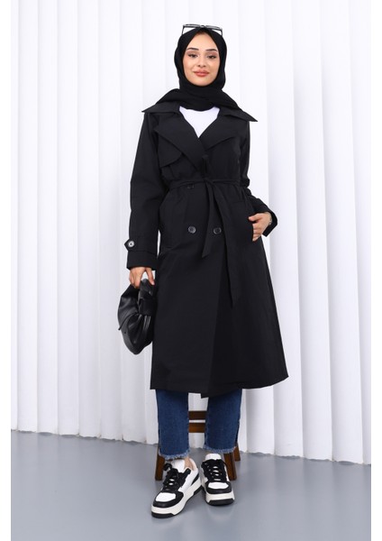 Siyah Kruvaze Yaka Trençkot