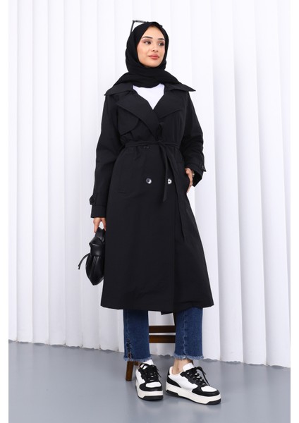Siyah Kruvaze Yaka Trençkot fiyatları