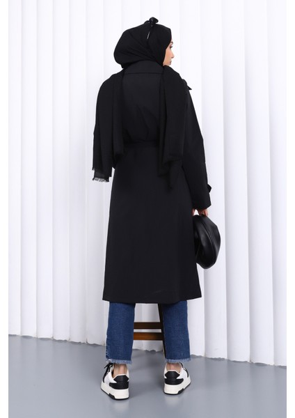 Siyah Kruvaze Yaka Trençkot fırsatları