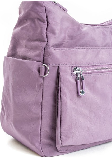 Kadın Çok Cepli Suya Dayanıklı Çapraz ve Omuz Çanta Buruşuk Kumaş Termos Yeri Ayarlanabilir Askı Lila fırsatları