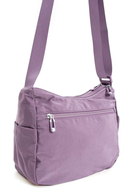 Kadın Çok Cepli Suya Dayanıklı Çapraz ve Omuz Çanta Buruşuk Kumaş Termos Yeri Ayarlanabilir Askı Lila indirimleri