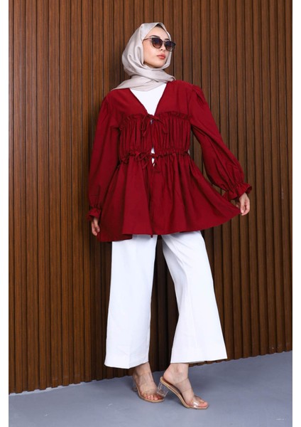 Bordo Ön Bağlamalı Fırfırlı Kimono fiyatları