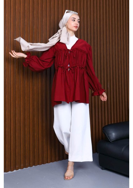 Bordo Ön Bağlamalı Fırfırlı Kimono modelleri