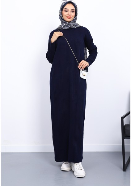 Lacivert Dik Yaka Fitilli Triko Elbise