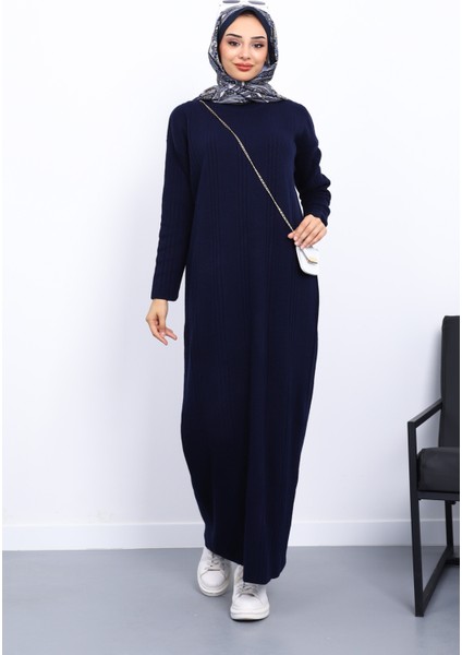 Lacivert Dik Yaka Fitilli Triko Elbise fiyatları