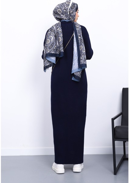 Lacivert Dik Yaka Fitilli Triko Elbise modelleri