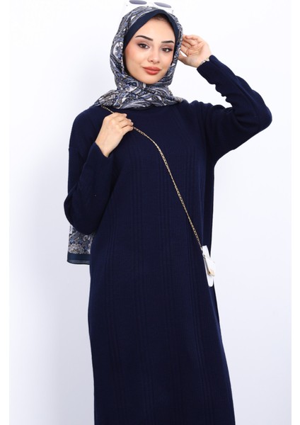 Lacivert Dik Yaka Fitilli Triko Elbise fırsatları