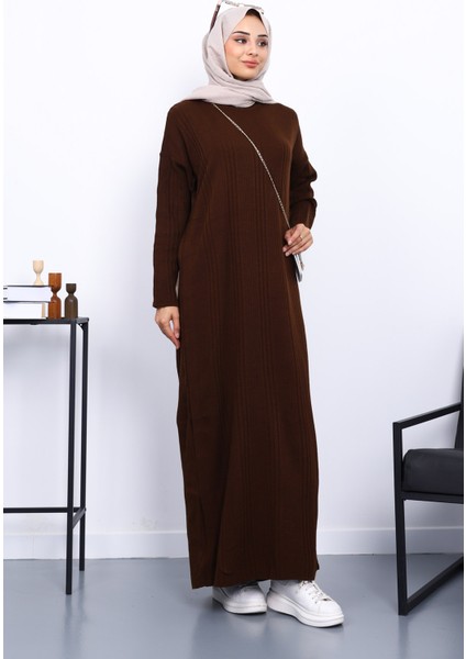 Kahverengi Dik Yaka Fitilli Triko Elbise fiyatları