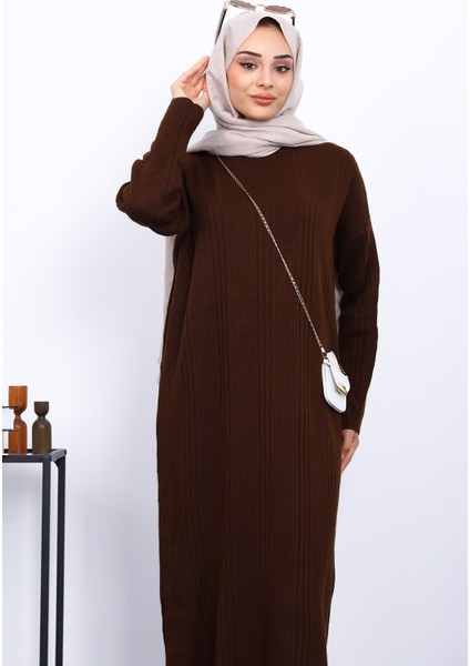 Kahverengi Dik Yaka Fitilli Triko Elbise modelleri