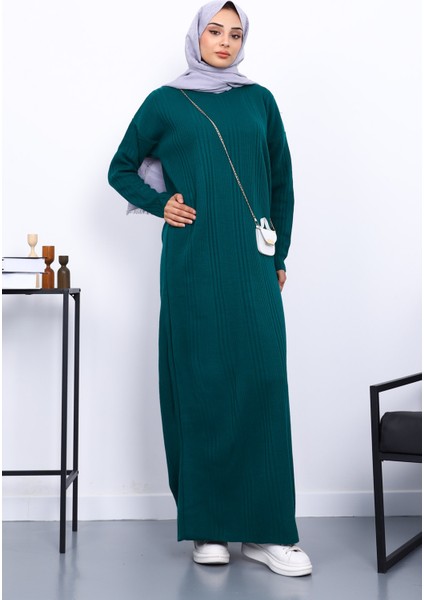 Zümrüt Yeşili Dik Yaka Fitilli Triko Elbise fiyatları