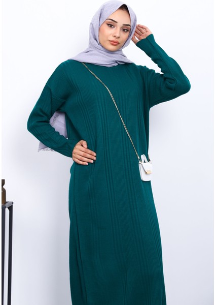 Zümrüt Yeşili Dik Yaka Fitilli Triko Elbise modelleri