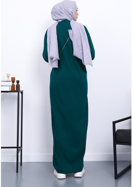 Zümrüt Yeşili Dik Yaka Fitilli Triko Elbise fırsatları