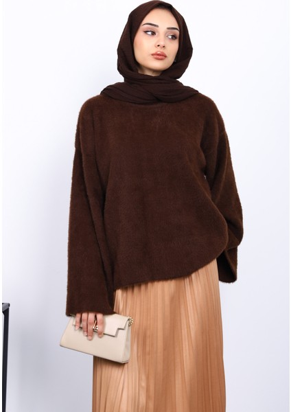Kahverengi Bisiklet Yaka Oversize Angora Yumoş Triko Kazak